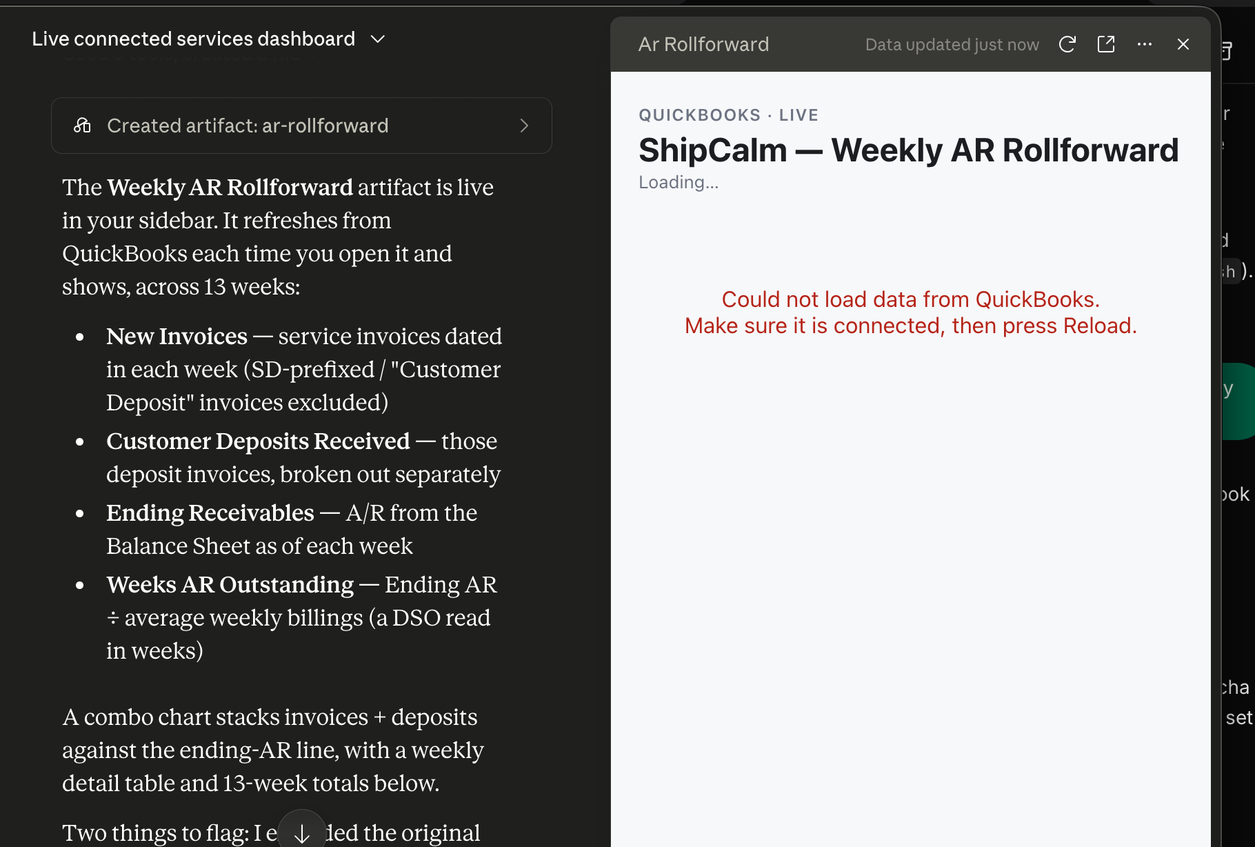 Claude’s AR Rollforward artifact connected to QuickBooks